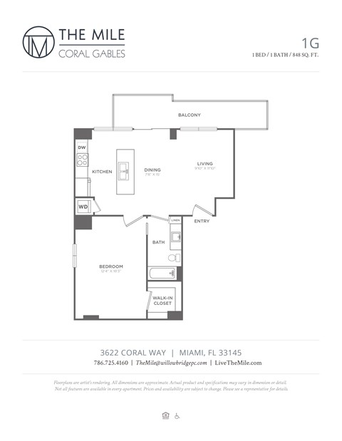 Floor plan for 1 bed, 1 bath, 848 sqft